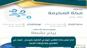 إنذار أصفر بحالة الطقس اليوم في الطائف وميسان.. تعرف على التفاصيل والاحتياطات اللازمة